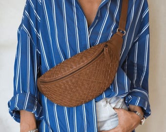 Tan Woven Leather Fanny Pack – Crossbody Belt Bag, Handmade Leather Waist Bag