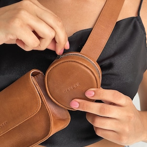 Tan Leder Kreis Beutel, aufsteckbare Tasche, Leder Geldbörse, kleiner Beutel, Geschenke für sie, Schlüsselanhänger, aufsteckbarer Beutel, Brieftasche, AirPods Hülle