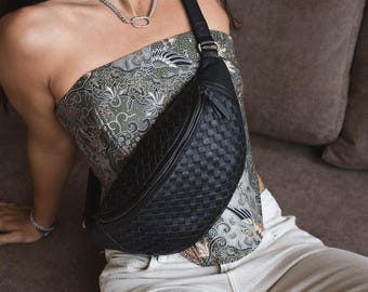 Black Woven Leather Fanny Pack – Atlas Crossbody Belt Bag, Handmade Leather Waist Bag