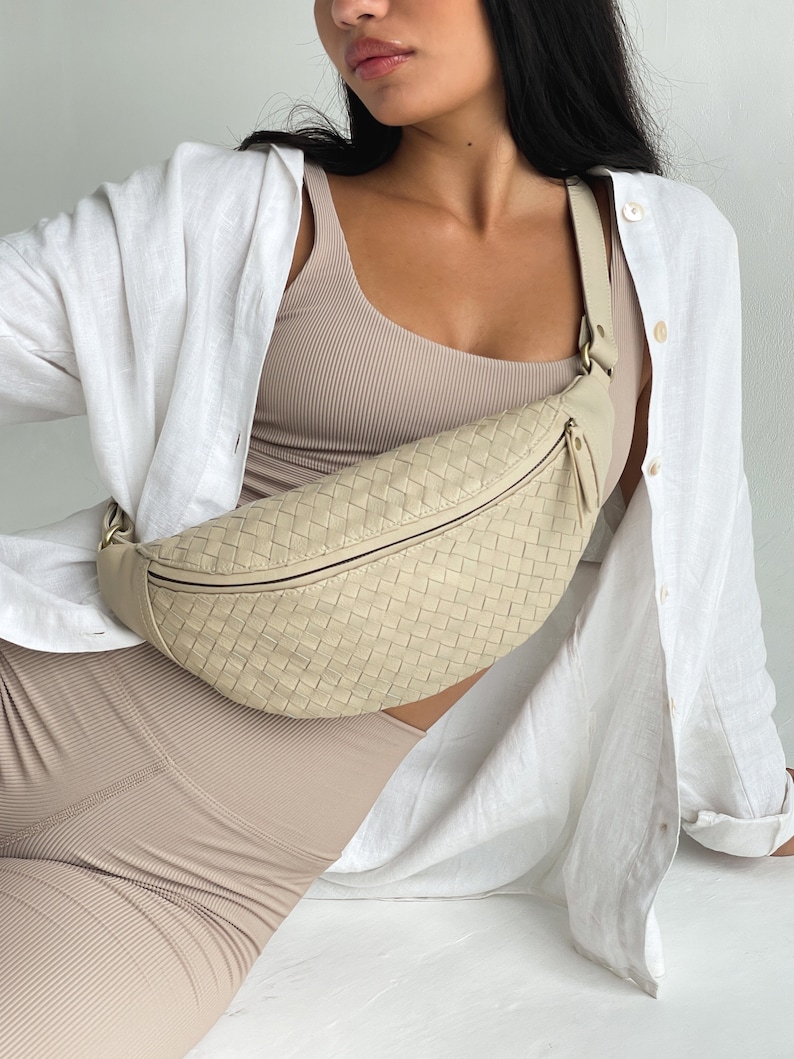 Woven Bone Genuine Leather Fanny Pack, Leather Crossbody, Hip Bag, Waist Pack, Minimal Fanny Pack, Travel Bag, Crossbody Bag image 5