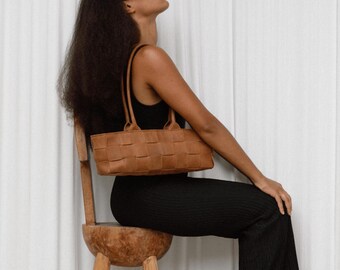 Saddle Light Brown Woven Leather Shoulder Bag – East West Purse, Minimalist Leather Handbag