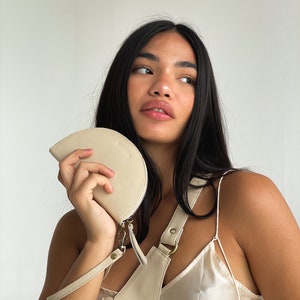 Genuine Leather Minimalist Wallet, Half Moon shape Wallet, Leather Wallet for Women, Bone White everyday wallet, minimalist zipped wallet