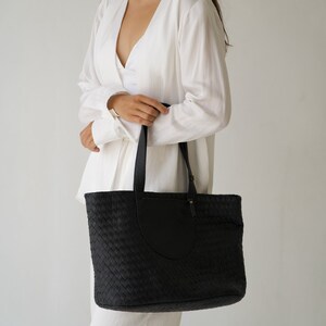 Black Genuine Leather Tote Bag, Minimal, Woven Leather, Handmade Totebag, Travel Bag, Work Bag image 3