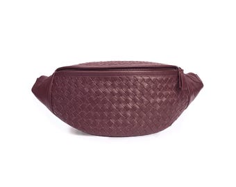 Burgundy Woven Leather Fanny Pack – Atlas Crossbody Belt Bag, Handmade Leather Waist Bag