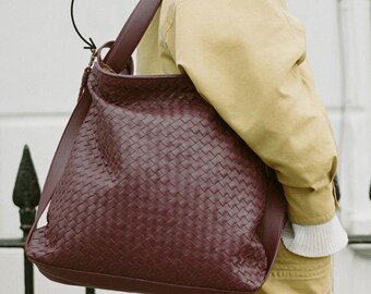 Burgundy Woven Leather Tote Backpack – Convertible Leather Work Bag, Travel Backpack, Minimalist Mom Bag
