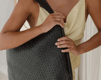 Black Woven Leather Tote Backpack – Convertible Leather Work Bag, Travel Backpack, Minimalist Mom Bag