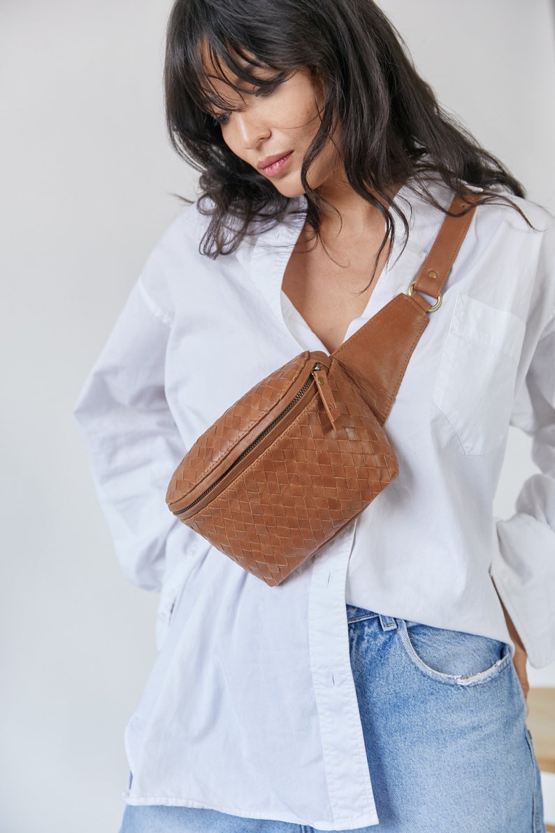 Tan Woven Leather Fanny Pack, Leather CrossBody, Handwoven, Hip Bag, Leather Bum Bag, Belt Bag, Minimal Fanny Pack, Travel Bag, Waist Pouch image 1