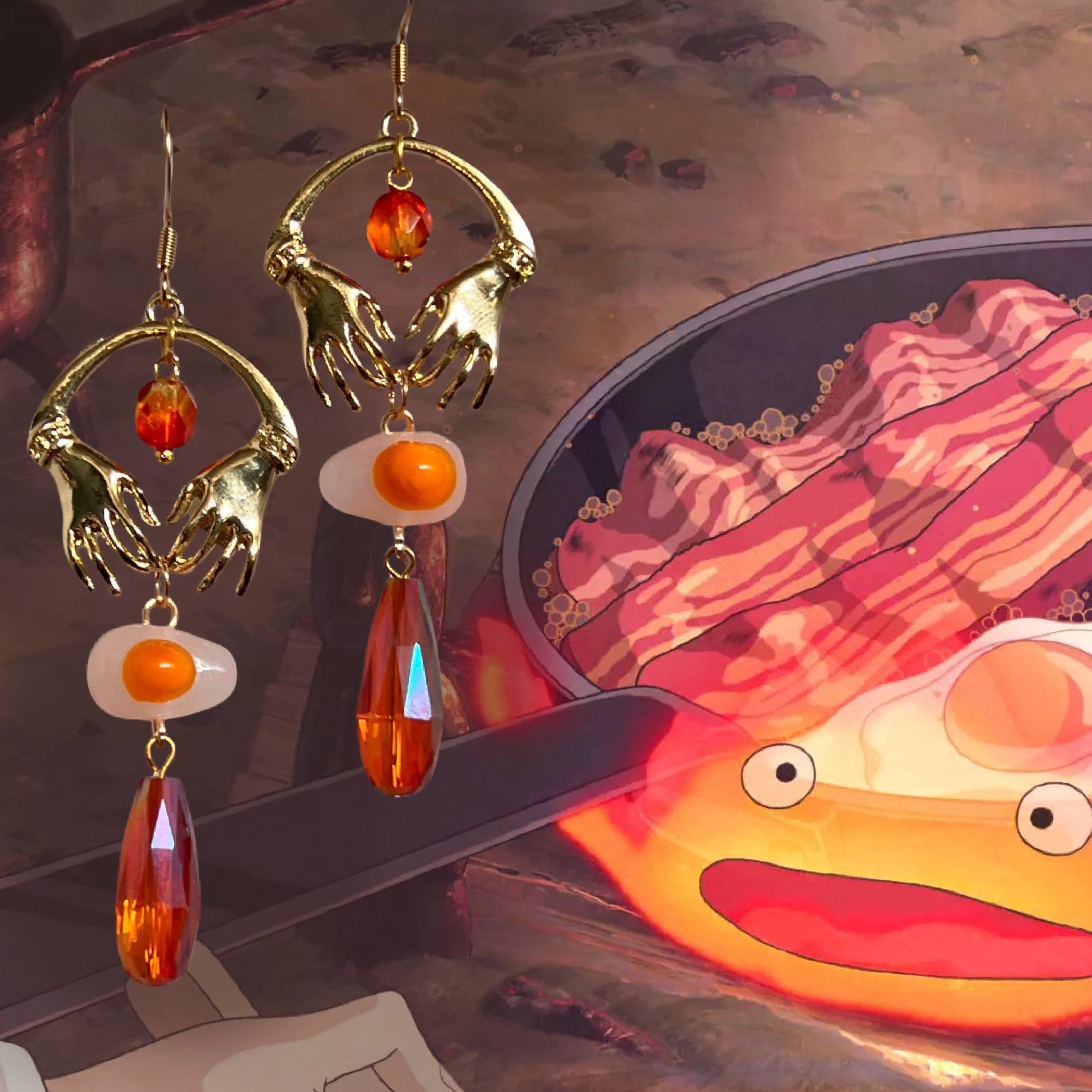 Fire Demon || Howl's moving castle inspired, Egg Earrings, Hand Earrings, Handmade, Dangly, Whimsical, Unique earrings