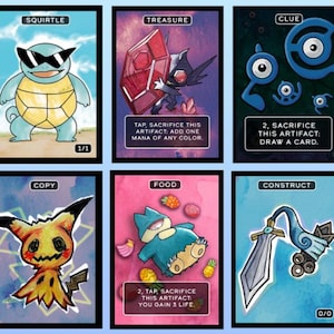 Puede incluir: Seis cartas coleccionables ilustradas con diversas criaturas y objetos. Las cartas incluyen las palabras "SQUIRTLE", "TREASURE", "CLUE", "COPY", "FOOD" y "CONSTRUCT". Cada carta tiene un diseño único e instrucciones de texto.