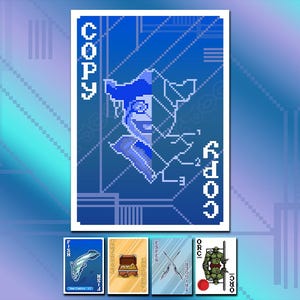 Może przedstawiać: Prostokątna karta do gry z niebieskim wzorem pixel art, przedstawiająca grafikę podzielonej twarzy oraz słowo COPY wydrukowane pionowo po obu stronach. Poniżej cztery mniejsze karty przedstawiają rybę, skrzynię skarbów, dwa skrzyżowane miecze i orka.