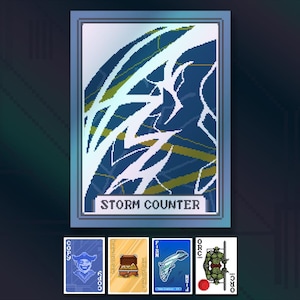 May include: A pixelated card with a blue and white lightning design and the text "STORM COUNTER." Below are four smaller cards with various illustrations, including a pirate, treasure chest, fish, and an orc.