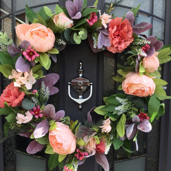 Spring wreath, summer wreath, floral wreath, door wreath, outdoor wreath,peony wreath, coral wreath, peach wreath