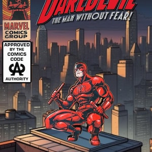 May include: Comic book cover showing Daredevil, a red superhero, crouching on a rooftop with a city skyline. The title "Daredevil: The Man Without Fear!" is displayed. Includes "Marvel Comics Group" and "Approved by the Comics Code Authority" logos.