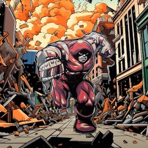 May include: Comic book illustration of a muscular figure in a red and black suit, running through a city destroyed by an explosion. The figure has a helmet and is clenching a fist. The background shows buildings and debris.