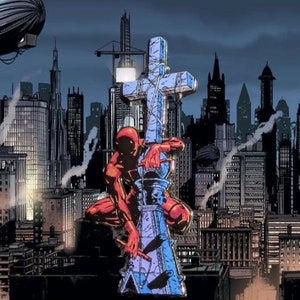 May include: Comic book illustration of a red costumed figure perched on a blue cross-shaped structure. The figure is set against a backdrop of a city skyline at dusk, with a dark, ominous atmosphere.