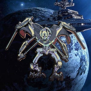 May include: A detailed, metallic, silver and gold, enamel pin of General Grievous from Star Wars. The pin features Grievous's signature four lightsabers and cape.