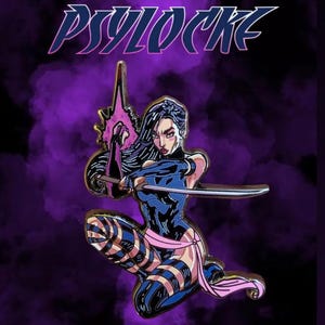 May include: A metal enamel pin featuring a comic book character with long dark hair, wearing a blue bodysuit with pink accents, holding a katana sword, and manifesting a pink energy blade. The text PSYLOCKE is printed in a stylized font above.
