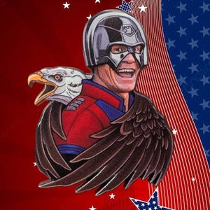 May include: Illustration of a smiling person wearing a silver helmet and a red, white, and blue costume with an eagle and wings. The background features a red and blue design with stars.