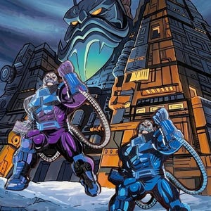 Peut inclure: Une illustration de style bande dessinée montrant deux personnages identiques en armure bleue et violette, les poings levés, devant une grande structure angulaire sombre avec un visage géant menaçant en arrière-plan sous un ciel sombre.