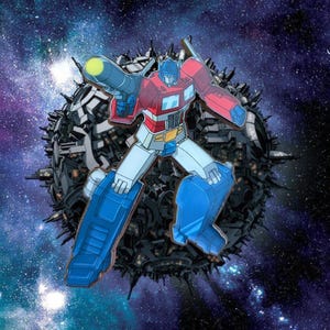 Puede incluir: Ilustración de dibujos animados de Optimus Prime, un robot rojo, blanco y azul, sosteniendo un arma grande. Está posicionado frente a una estructura esférica oscura con un fondo espacial, con estrellas y nebulosas.