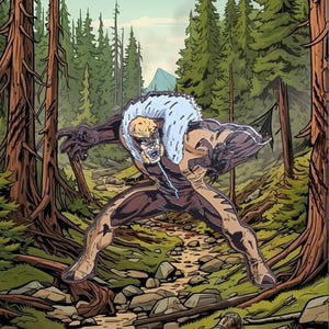 Puede incluir: Una ilustración estilo cómic de un personaje humanoide felino y musculoso con cabello rubio, cuello de piel blanca y traje marrón y beige, agachado en un bosque con pinos altos, un arroyo rocoso y un guantelete de metal abandonado en el suelo.