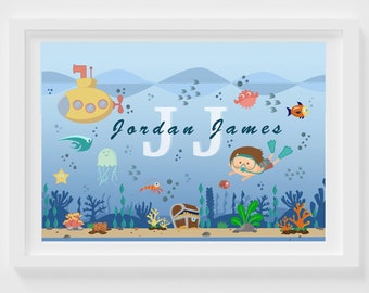 DIGITAL Custom Name Art, Under the Sea, Nursery Decor, Bedroom Print, Custom Print, Name Art, Initial Art