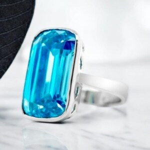 Natural Large Swiss Blue Topaz Ring,Solid Silver 15×20 MM Octagon,Large Gemstone Womens Ring