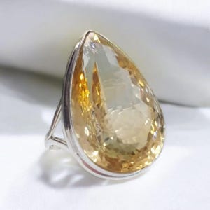 Very Large Natural Citrine Pear Ring,Solid Silver 20×28 MM Pear,Gemstone Anniversary Ring