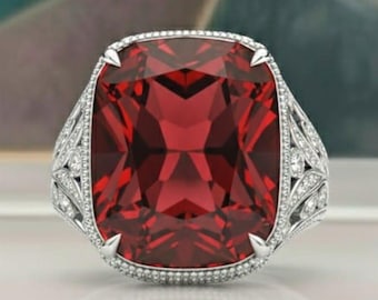 Lab Created Red Garnet Ring, 925 Sterling Silver Cushion, Boho Ring