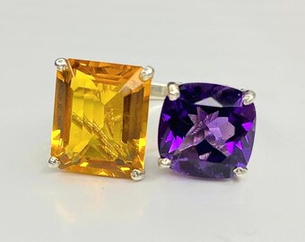 Amethyst and Citrine Ring, 925 Sterling Silver, Cushion and Emerald Cut