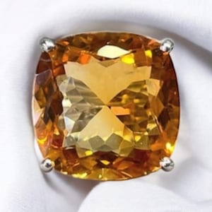 Very Large Natural Citrine Ring,Solid Silver 16 MM Cushion ,Gemstone Anniversary Ring