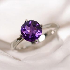 Natuurlijke paarse amethistring, rond geslepen amethistring, 925 sterlingzilveren ring, amethistring, trouwring, ring als cadeau, handgemaakte ring
