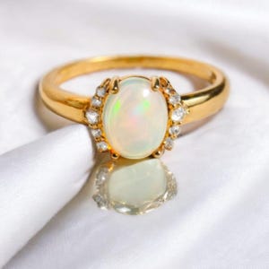 Natural Opal Oval Cabochon  Ring,Solid Silver 8×10 MM Oval Cabochon,Accent Stone Moissanite Gemstone women&#39;s Ring