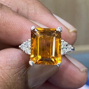 Natural Citrine Ring,Solid Silver 10×12 MM Emerald Cut Gemstone Engagement Ring