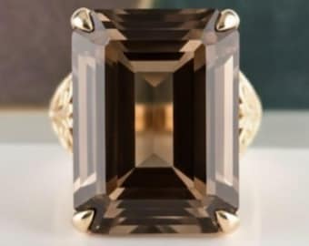 Large Natural Smoky Quartz Ring, Solid Silver Octagon, Gift For Her
