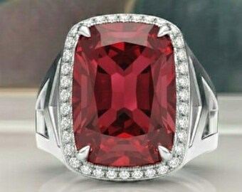 Cushion Cut Lab Created Red Garnet Ring, Sterling Silver 16x22 MM