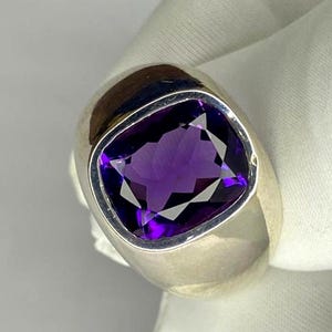 Very Large Natural Amethyst Cushion Ring,Solid Silver 10x12 MM Cushion Gemstone men&#39;s Ring