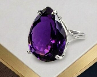Großer Amethyst-Birnenring, massiv Silber, handgemachter Jubiläumsring