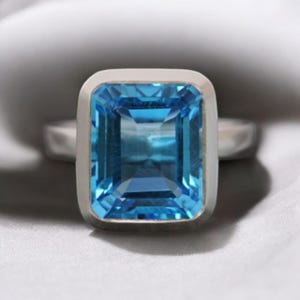 Natural Swiss Blue Topaz Ring,Solid Silver 10×12 MM Octagon,Large Gemstone Womens Ring