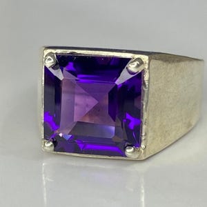 Large Natural Amethyst Ring,Solid Silver 12x12 MM Square Cut Gemstone,Men&#39;s Ring