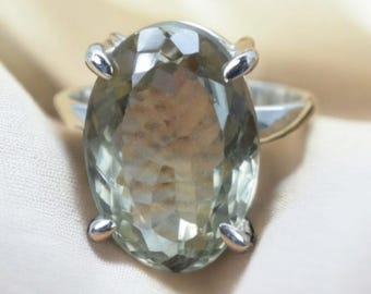 Handmade Solid Silver Green Amethyst Ring, Oval Gemstone (16x22 MM)