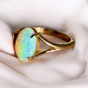 Unique Natural Opal Oval Ring In Golden Polish ,Solid Silver 9×12MM Oval Cabochon Gemstone women&#39;s Ring