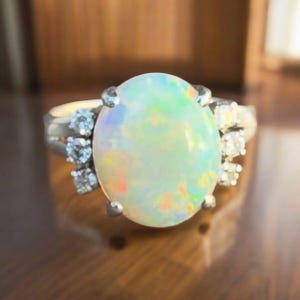 Natural Opal Oval  Ring,Solid Silver 11×13 MM Oval Cabochon & Accent Stone Moissanite Gemstone women&#39;s Ring