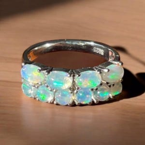 Huge Natural Opal Oval & Round Ring,Solid Silver 7×5 MM Oval, 6  MM Round Cabochon Gemstone women&#39;s Ring