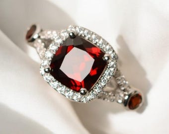 Natural Red Garnet Ring,Solid Silver 8 MM cushion,Accent Stone Moissanite'Gemstone Anniversary Ring