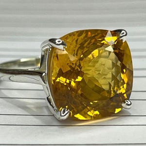 Very Large Natural Citrine Ring,Solid Silver 16 MM Cushion ,Gemstone Anniversary Ring