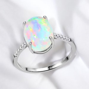 Natural Opal Oval  Ring,Solid Silver 10×14 MM Oval Cabochon Gemstone women&#39;s Ring