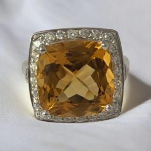 Big Size Natural Citrine Ring,Solid Silver 12 MM Cushion,Accent Stone Moissanite ,Gemstone Anniversary Ring
