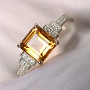 Natural Citrine Ring,Solid Silver 7 MM Square,Accent Stone Moissanite ,Gemstone Anniversary Ring