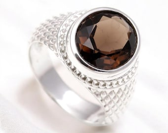 Smoky Quartz Ring, Solid Silver, Oval Gemstone (10x12 MM)